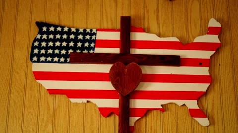 Close view of the flag-painted map and cross inside the chapel Stock-Footage 345530858