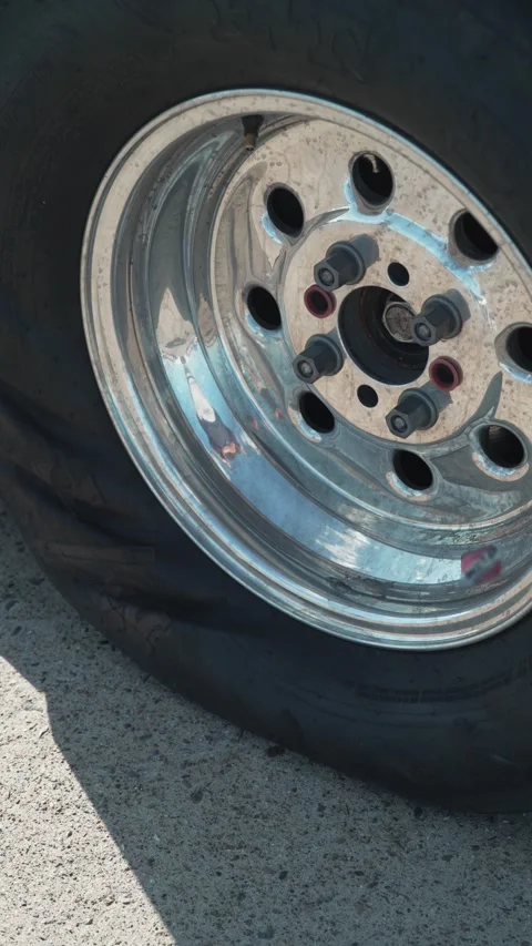 Close up view of a flat racing tire on shiny chrome rim. Stock Footage 342442111