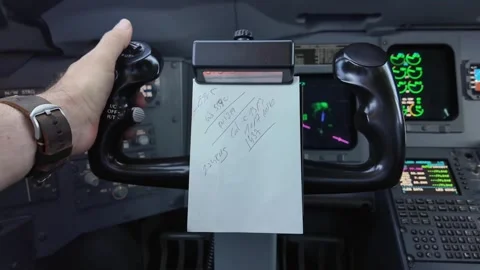 Close up view of the flight controls of a modern jet, as seen by the pilot. Stock Footage 257431114