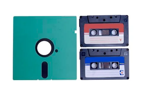 Close up view of the floppy disk and old audiotape cassette Stock Photos