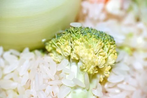 Close-up view of fresh broccoli floret combined with white rice grains and .. Stock Photos