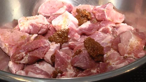 Close up view of fresh finely chopped meat cubes. Stock Footage 123967806