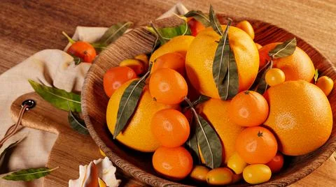 Close up view of fresh mandarin oranges fruit or tangerines with leaves in di Stock Photos