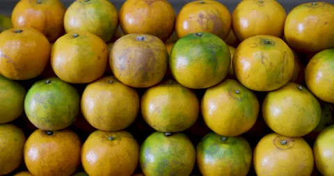 Close-up view of fresh oranges stacked neatly in rows at a fruit shop. Stock Footage 295289100