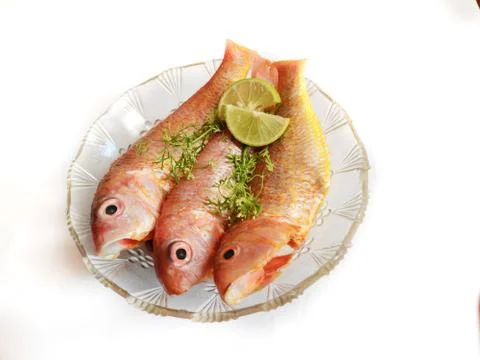Close up view of fresh ready to cook whole cleaned pink perch fish decorated  Stock Photos