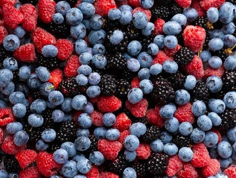 Close up view of fresh ripe mixed Blueberries, blackberries and raspberries.. Stock Photos