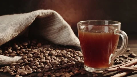 Close up view of freshly brewed aromatic hot black coffee in a glass mug. Stock Footage 146869414