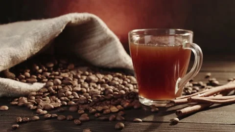 Close up view of freshly brewed aromatic hot black coffee in a glass mug. Stock Footage 146894877