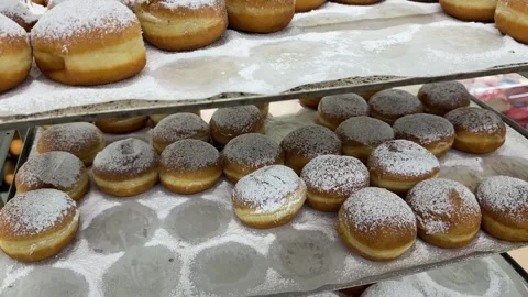 Close-up view of freshly made sufganiyot Stock Footage 295442871