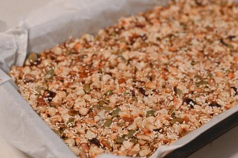 Close-up view of freshly prepared nut and seed mixture for homemade candy, .. Stock Photos