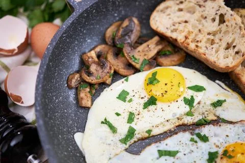 Close up view of the fried egg on a frying pan Stock Photos