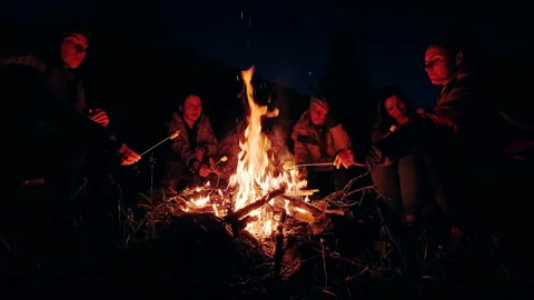 Close view of friends frying marshmallows sitting around campfire Stock Footage 135209968