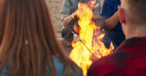 Close view of friends roasting marshmallows sitting around bonfire on sandy Stock Footage 147553530