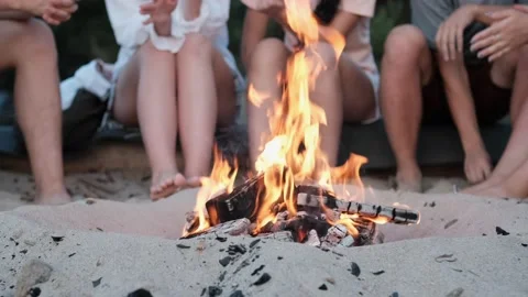 Close view of friends sitting around bonfire, playing ukulele on sandy beach Stock-Footage 166565349