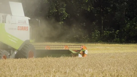 A close up view of the front of a combine harvester that harvests grain in a Stock Footage 124635094