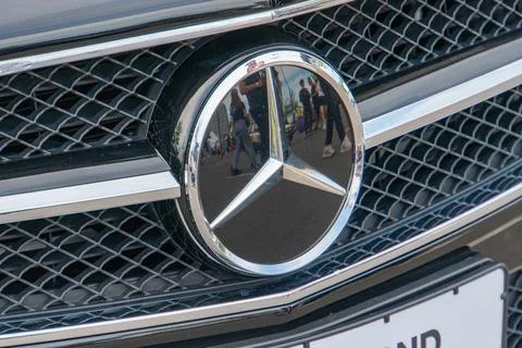 A close-up view of the front grille area of a Mercedes-Benz vehicle feature.. Stock Photos