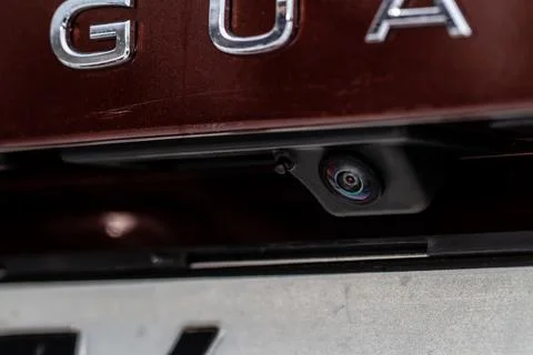 Close up view of front parking assist video camera on the car. Front view cam 스톡 사진