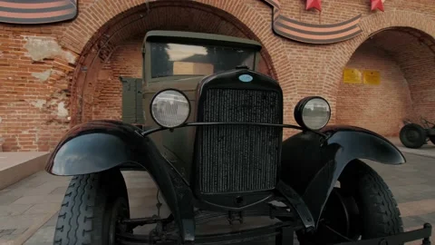 A close up view on the front part of military transport vehicle monument, WW2 Stock Footage 148212184
