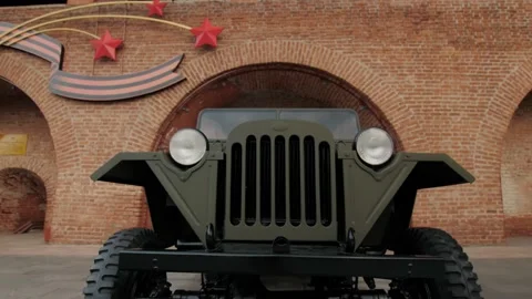 A close up view on the front part of soviet jeep monument, Kremlin, WW2 Stock Footage 148212570