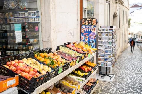 Close view of fruit display outside Lisbon shop Stock Photos