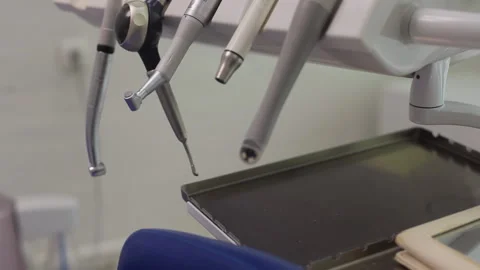Close up view of a full set of dental instruments for dental treatment at a Stock Footage 142121958