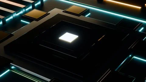 A close up view of futuristic digital computer processor chip with glowing .. Stock Illustration