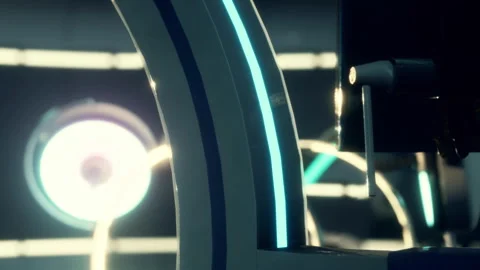 Close view of a futuristic machine in a dimly lit room with bright lights Stock Footage 344964763