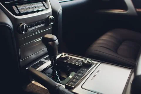 Close up view of a gear lever shift. Manual gearbox. Car interior details. Car Stock Photos