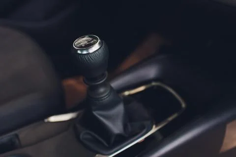 Close up view of a gear lever shift. Manual gearbox. Car interior details. Car Stock Photos