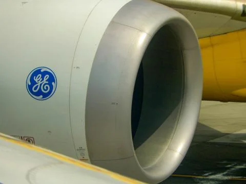 Close up view of a General Electric GE logo on a jet engine Stock Photos