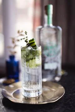 Close up view of gin cocktail with fresh herbs on steel plate Fotos Stock