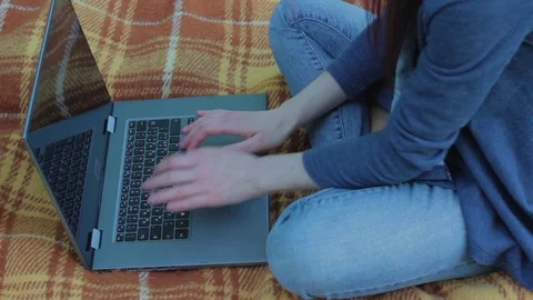 Close up view of a girl's hands. Working on the laptop Stock Footage 75855842