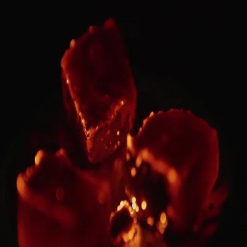 Close view at a glowing charcoal and flame. Shallow depth of field Vídeo Stock 69460683