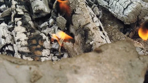 Close view at glowing charcoal and flame in barbecue grill Stock Footage 112829795
