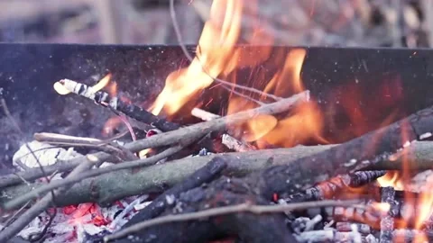 Close up view of glowing flying fire flame from hot bonfire charcoal. Stock Footage 130182216