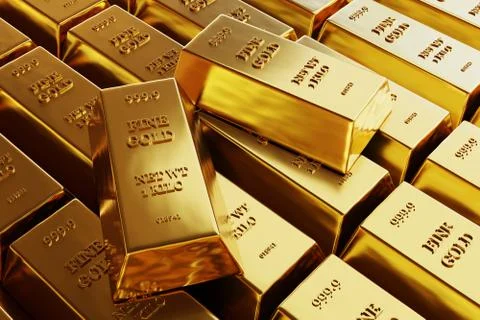 Close up view of Gold bars or ingots in bank vault background. Precious metal Ilustración de archivo