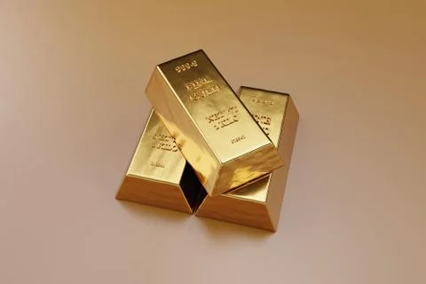 Close up view of Gold bars or ingots in bank vault, isolated on beige background Ilustración de archivo