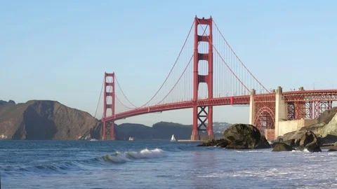 Close view of golden gate bridge from marshall's beach in san francisco Stock Footage 84293110
