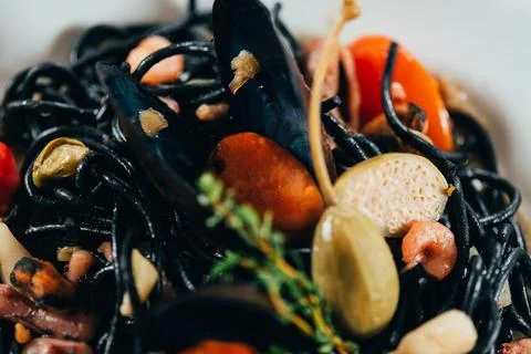 Close view gourmet spaghetti cuttlefish Stock Photos