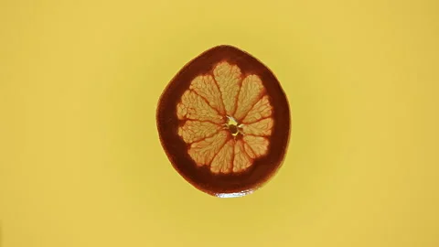 Close-up View of a Grapefruit Slice on a Yellow Background Stock Footage 306351809