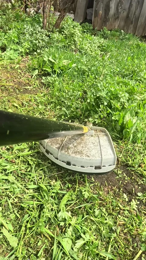A Close-Up View of a Grass Trimmer in Action, Focused on the Blade Cutting 库存影片 336228107