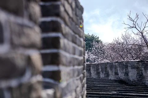 Close view of Great Wall bricks and narrow walkway Stock Photos