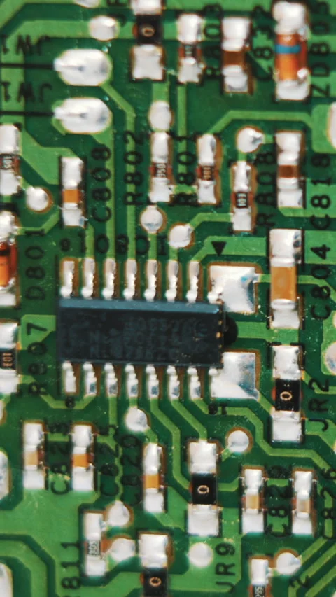 Close-Up View Of A Green Circuit Board With Electronic Components In Motion. Stock Footage 302552900