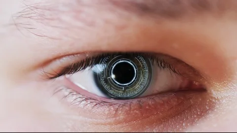 Close up view of green human eye with futuristic interface inside of the iris Stock Footage 104561759