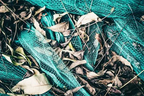 Close-up view of green nylon multi colorful bright fish nets in a pile of dry Stock Photos