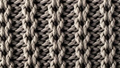 Close up view of grey knitted wool fabric texture with vertical cable knit .. Fotos de archivo