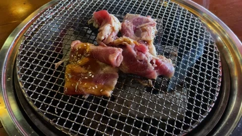 Close up view of grilling thin beef slices on stainless steel grill Stock Footage 307104998