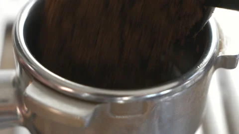 A close up view of ground coffee tampering. Stock Footage 156095366