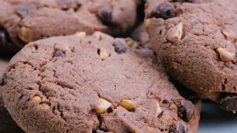 Close up view of a group of cocoa-flavored biscuits, Slider shot. Stock Footage 296546988