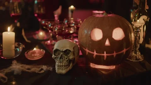 Close up view of halloween table setting Stock Footage 287248131